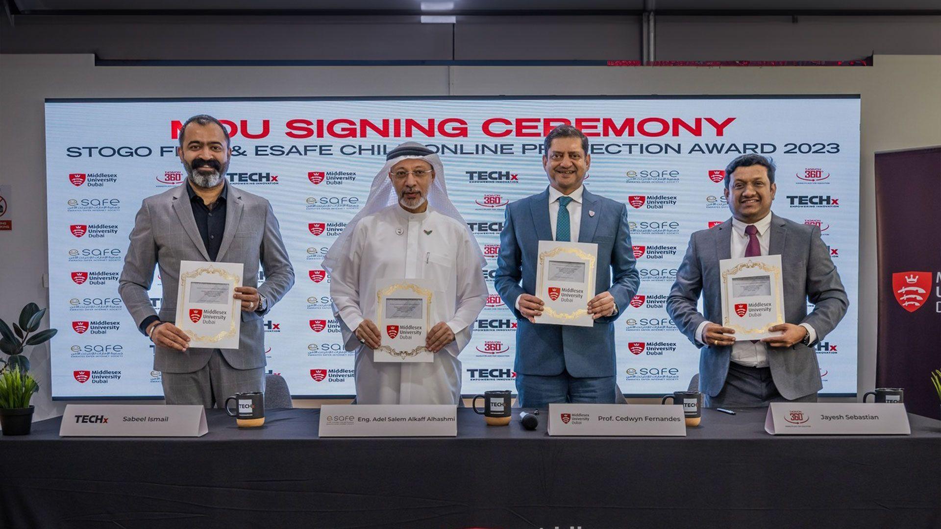 On 1 February 2024, Middlesex University Dubai were proud to formalise a Memorandum of Understanding (MoU) between eSafe, Tachyon IT Consultancy, TECHx Media and Middlesex University Dubai. The MoU acknowledges that the eSafe Child Online Protection Award 2023 and STOGO FEST events will be hosted at the Middlesex University Dubai in a collaborative move between all parties towards advancing online safety for children while nurturing their online creativity.